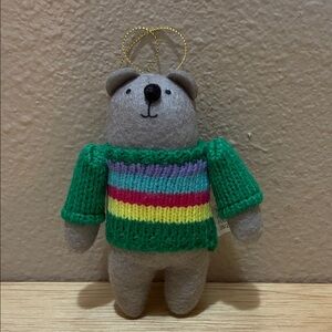 Target. Gray Bear Ornament with Green striped Sweater